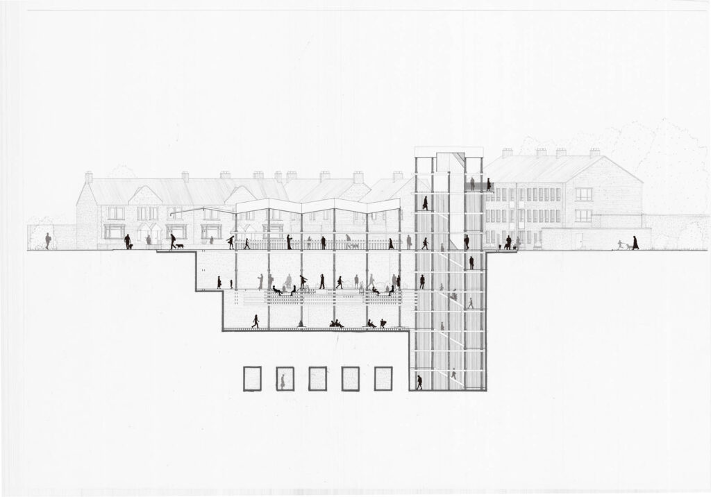 This long section illustrates how the overall circulation of the building relies primarily on the timber towers to navigate between levels.