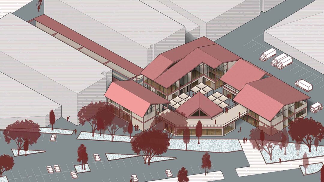 Axonometric view showing the clustered roofscape, internal courtyard, and integration with surrounding streets, trees, and parking zones.